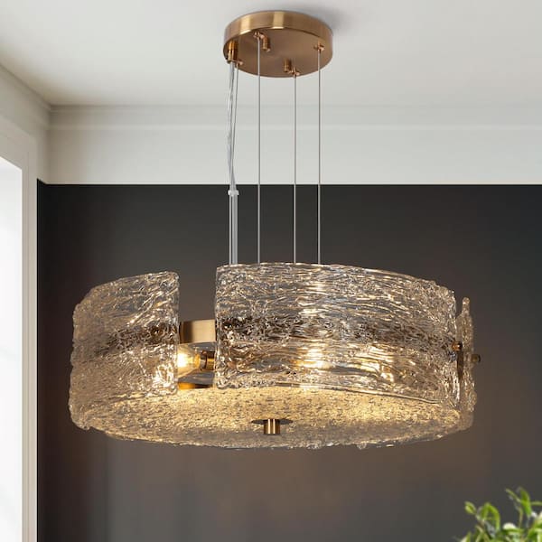 Uolfin Modern Dining Room Drum Chandelier 6-Light Plating Brass Chandelier with Textured Glass Plates