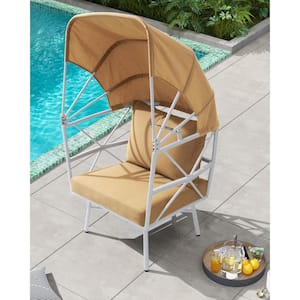 All Weather Aluminum Outdoor Patio Egg Lounge Chair with Folding Canopy and Tan Cushions