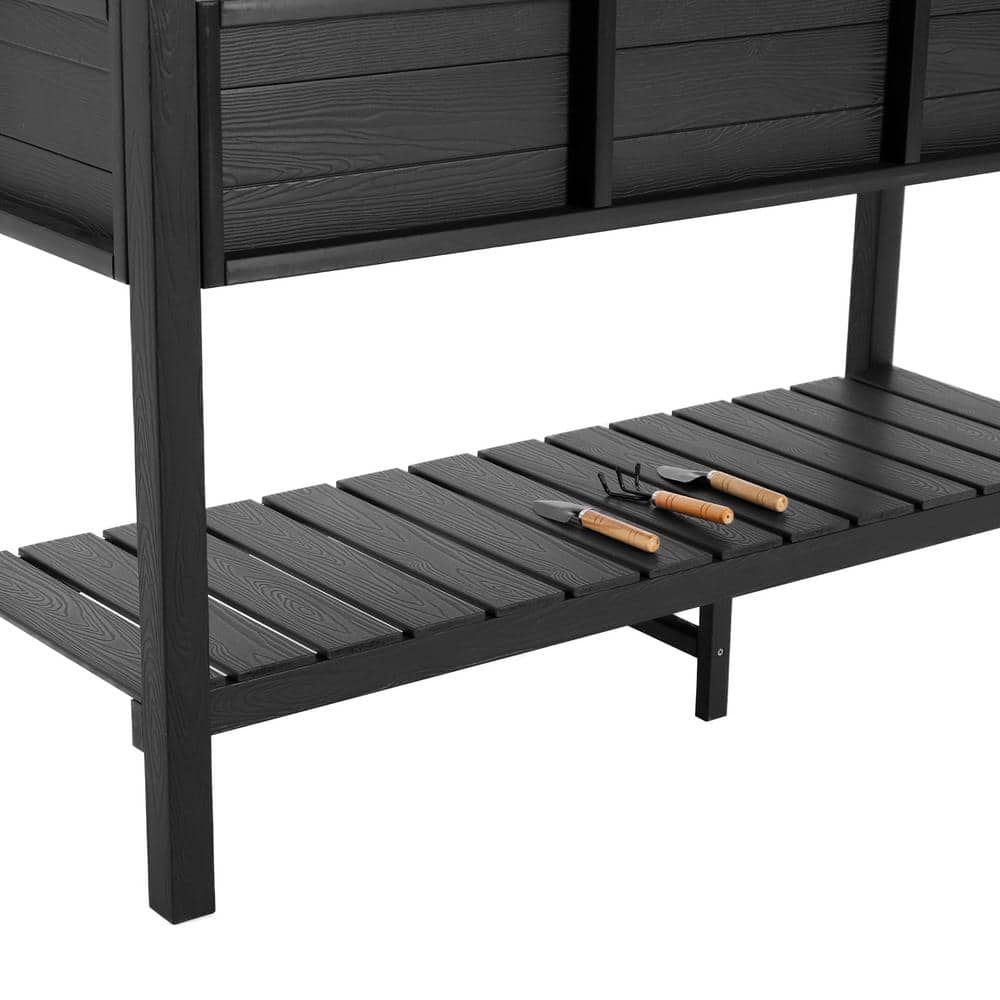 Black Elevated Poly Raised Garden Bed with Storage Shelf