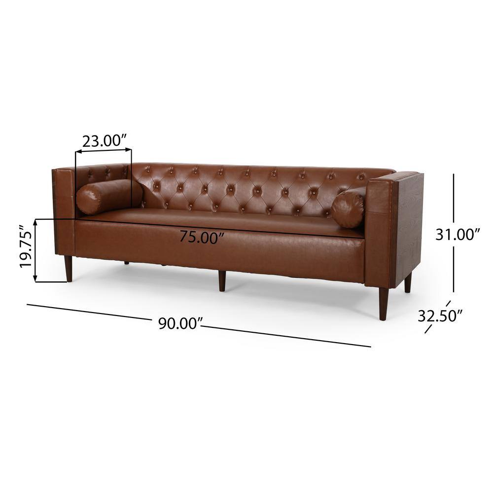 Cognac Brown Tufted Faux Leather 3-Seater Tuxedo Sofa with Wood Accents
