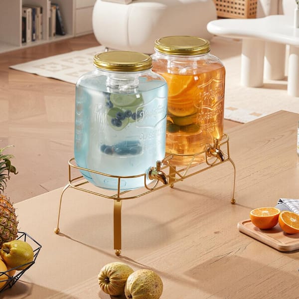 SKYSHALO 2 Pack 2 Gal. Beverage Dispenser for Parties, Glass with Metal Stand, Stainless Spigot, Infuser, Iced Tea, Lemonade