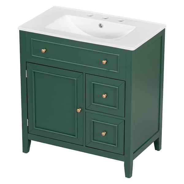 COWLOWN 30.00 in. W x 18.30 in. D x 32.50 in. H Freestanding Bath Vanity in Green with White Ceramic Sink Top,Door and 2-Drawers