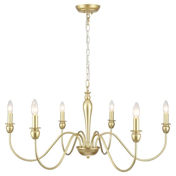 6-Light Gold Farmhouse Chandelier Adjustable Height Light Fixture