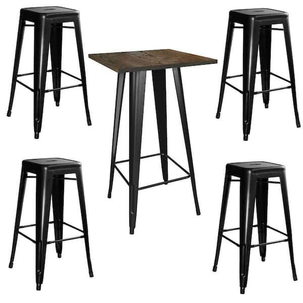 AmeriHome Loft Style 24 in. x 24 in. Bar Table Set in Black with Stackable Metal Stools (5-Piece)