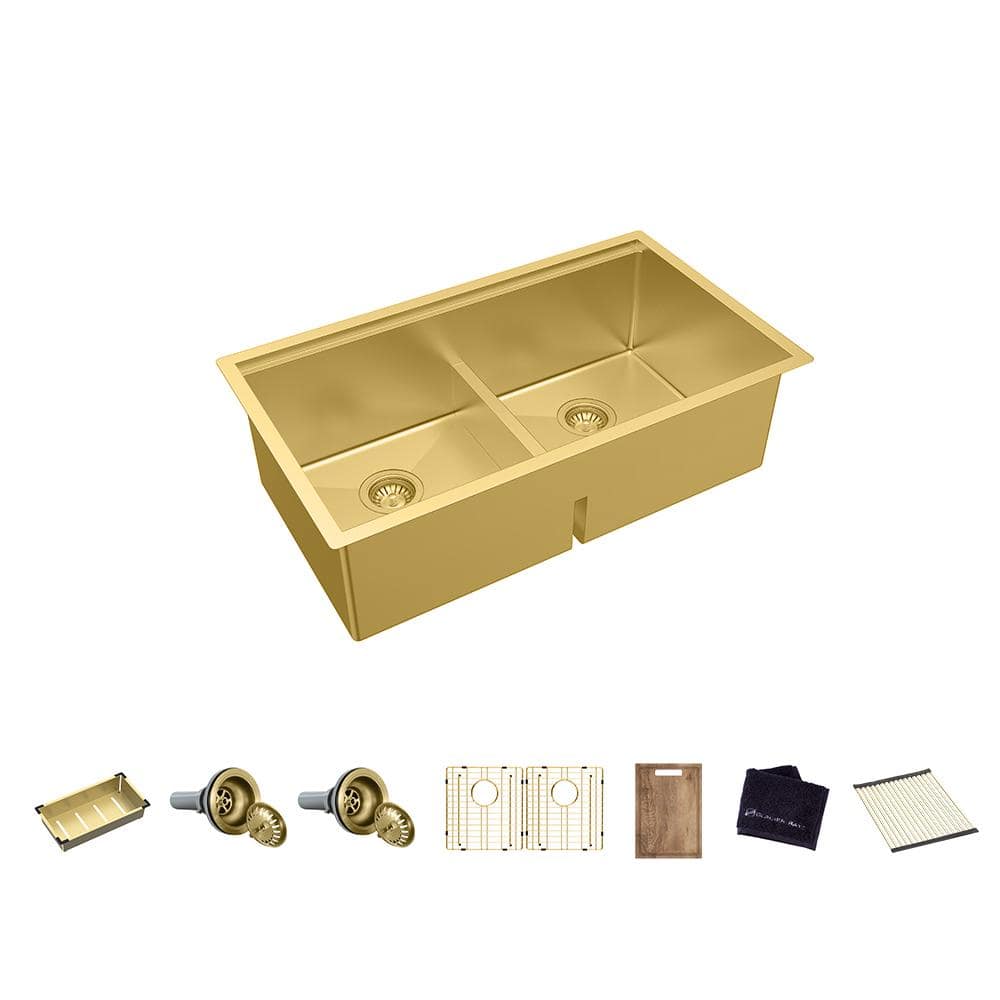 Glacier Bay 33 in. Undermount Double Bowl 18-Gauge Gold Stainless Steel Workstation Kitchen Sink ...