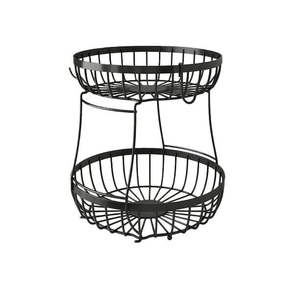 1 Piece 2-Tier Black Fruit Basket with 2 Banana Hangers Set Metal Stackable for Kitchen Counter Fruit Vegetable Storage