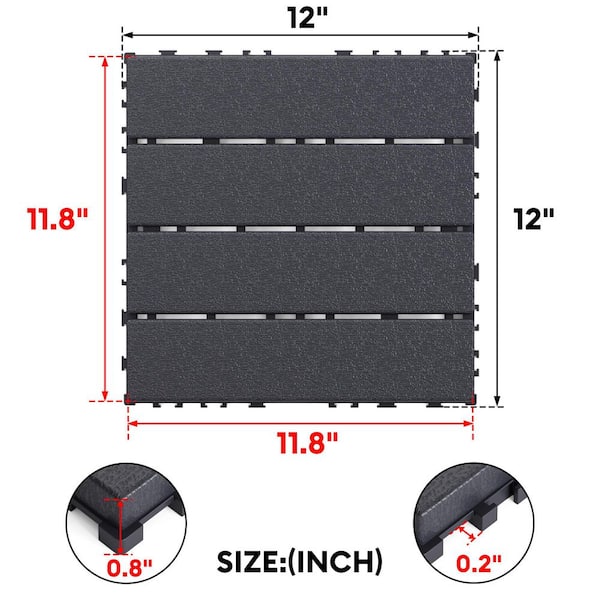 12 in.W x 12 in. L Outdoor Striped Pattern Square Plastic Interlocking Flooring Deck Tiles (Pack of 44 Tiles)in Gray