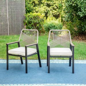 Black Metal Woven Rope Outdoor Patio Dining Chair with Beige Cushions (2-Pack)