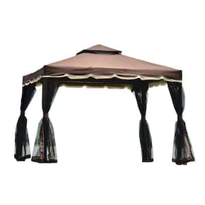9.8 ft. x 8.8 ft. Outdoor Patio Steel Vented Dome Top Gazebo Canopy Tent in Brown with Net