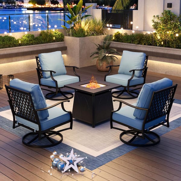 PHI VILLA 4 Seat 5-Piece Metal Steel Outdoor Patio Conversation Set with Blue Cushions, Swivel Chairs, Square Fire Pit Table