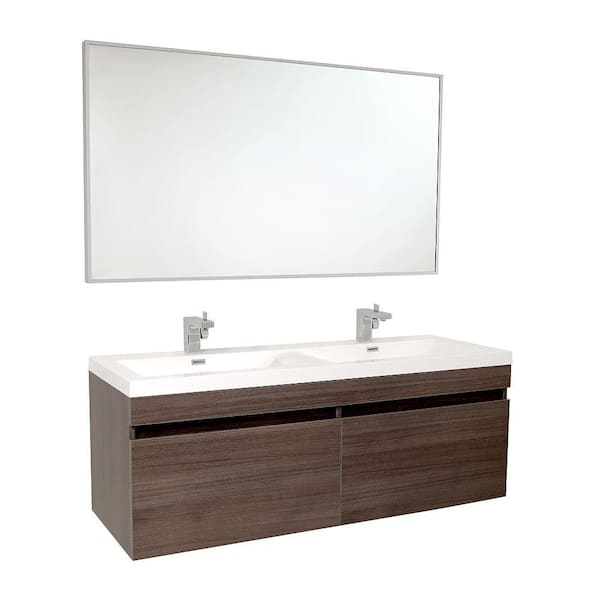 Fresca Largo 57 in. Double Vanity in Gray Oak with Acrylic Vanity Top in White with White Basins and Mirror