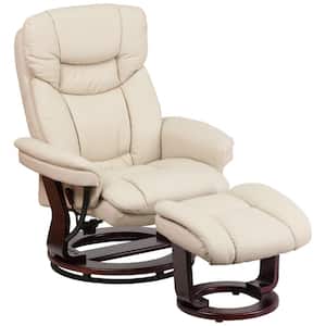 Allie Contemporary Beige Faux Leather Recliner Chair and Ottoman Footrest with Swiveling Mahogany Base