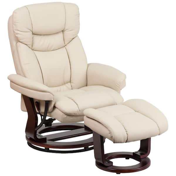 Flash Furniture Allie Contemporary Beige Faux Leather Recliner Chair and Ottoman Footrest with Swiveling Mahogany Base