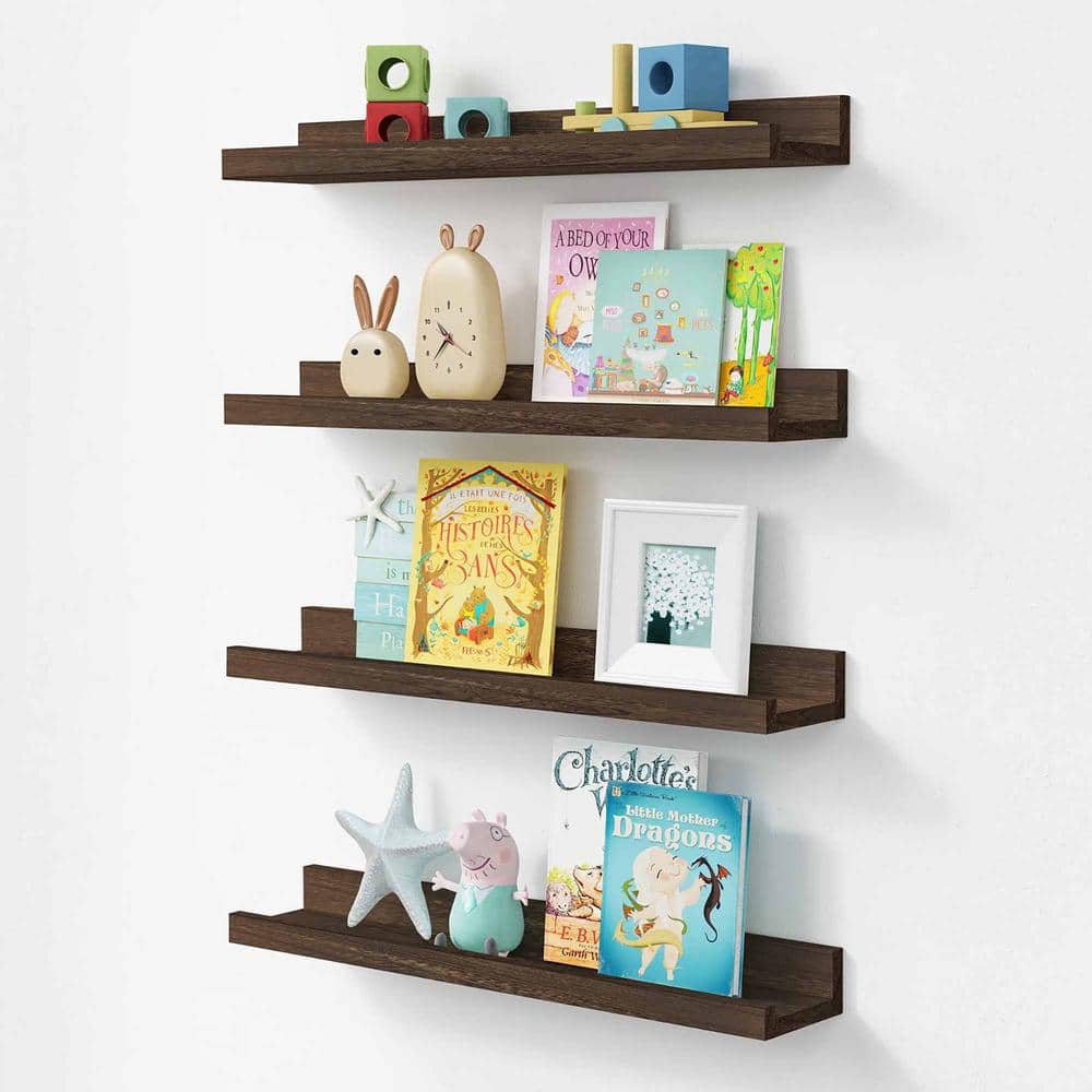Set of 3 Dark Brown Wooden Floating Shelf for Nursery, Office, Bedrooms,  Space Saving (15.7 x 5.5 x 1.5 In)