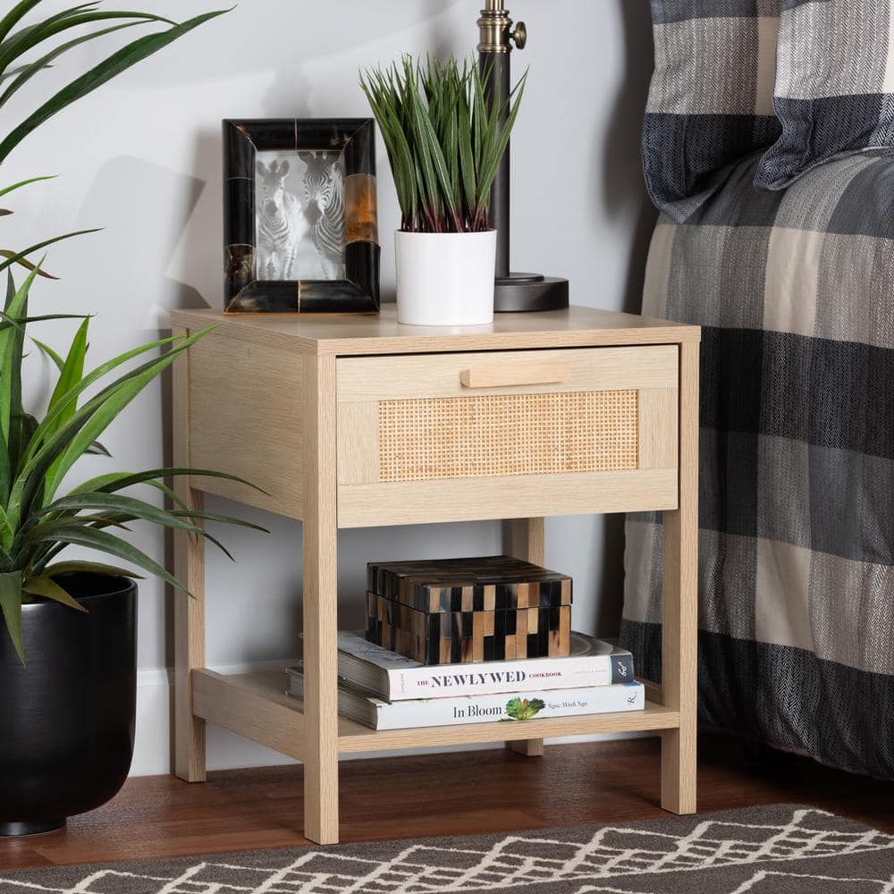 Sebille Light Brown Wood and Rattan 1-Drawer Accent Table