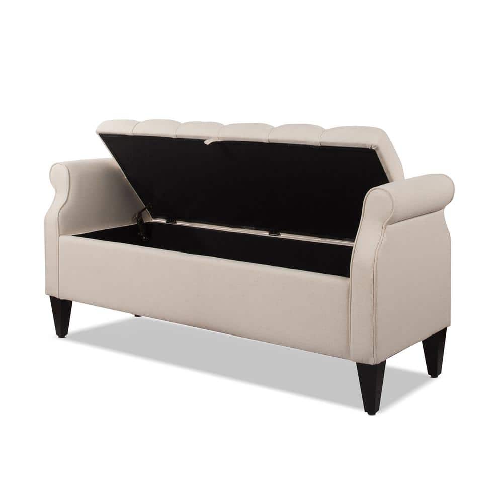 Jacqueline Sky Neutral Tufted Roll Arm Storage Bench