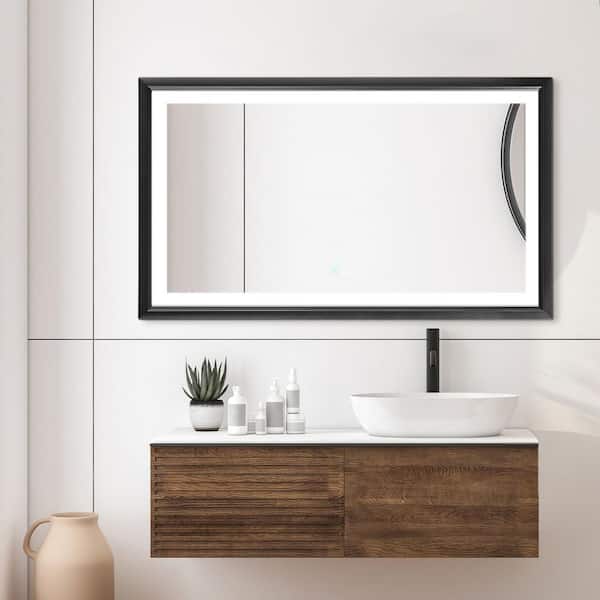 HBEZON Metis 60 in. W x 36 in. H Large Rectangular Aluminum Framed Dimmable Anti-Fog Wall Bathroom Vanity Mirror in Black