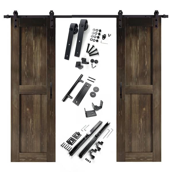 HOMACER 26 in. x 84 in. H-Frame Ebony Double Pine Wood Interior Sliding Barn Door with Hardware Kit Non-Bypass