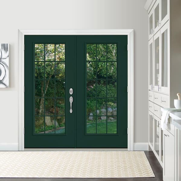 72 in. x 80 in. Hartford Green Painted Steel Right-Hand Inswing 15 Lite Glass Stationary/Active Patio Door