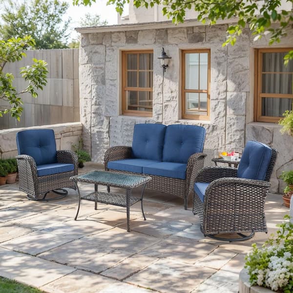 SleekArm 5-Piece Brown Wicker Patio Conversation Set with Olefin Blue Cushion/Loveseat with Patio Swivel Chairs