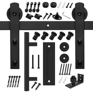 8 ft./96 in. Black Steel Straight Sliding Barn Door Track and Hardware Kit with 12 in. Cylinder Handle and Floor Guide