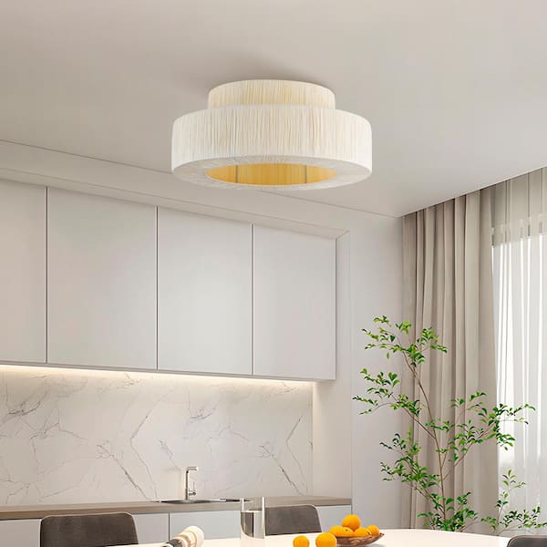 Collision 17.7 in. 1-Light Farmhouse White Flush Mount Ceiling Light with Raffia Paper Shade