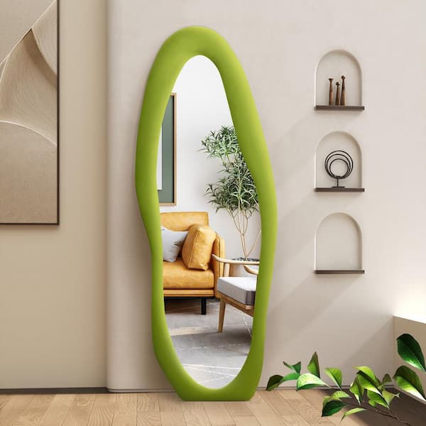 Hochwertiges 24 in. W x 63 in. H Irregular Green Full Length Mirror Flannel Wrapped Wooden Frame Decorative Hanging or Leaning Mirror