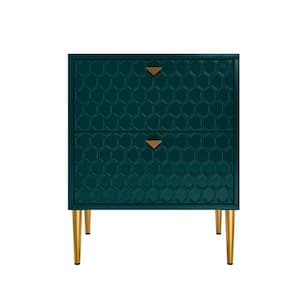 Hexagonal Pattern 2-Drawer Green High Gloss Nightstand Accent Cabinet with Golden Stands