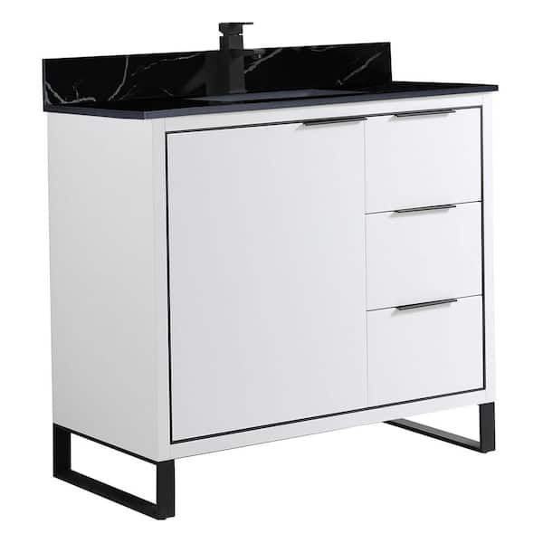 FINE FIXTURES Opulence 36 in. W x 18 in. D x 33.5 in. H Bath Vanity in White Matte with Black Marble Single sink Top