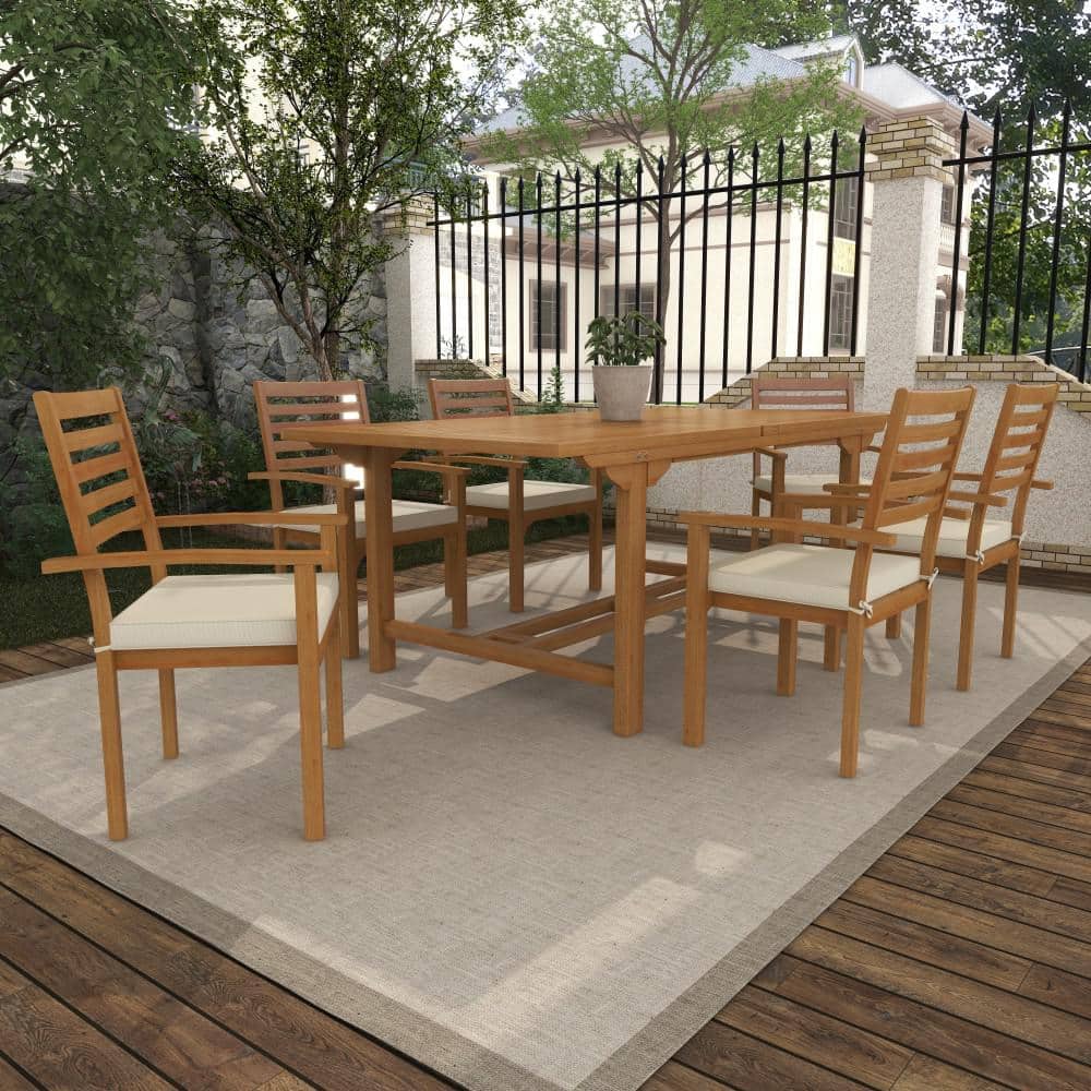 Brown Teak 7-Piece Outdoor Dining Set with White Cushions