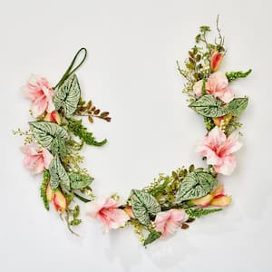 66 in Artificial Caladium Leaf And Pink Flower Garland