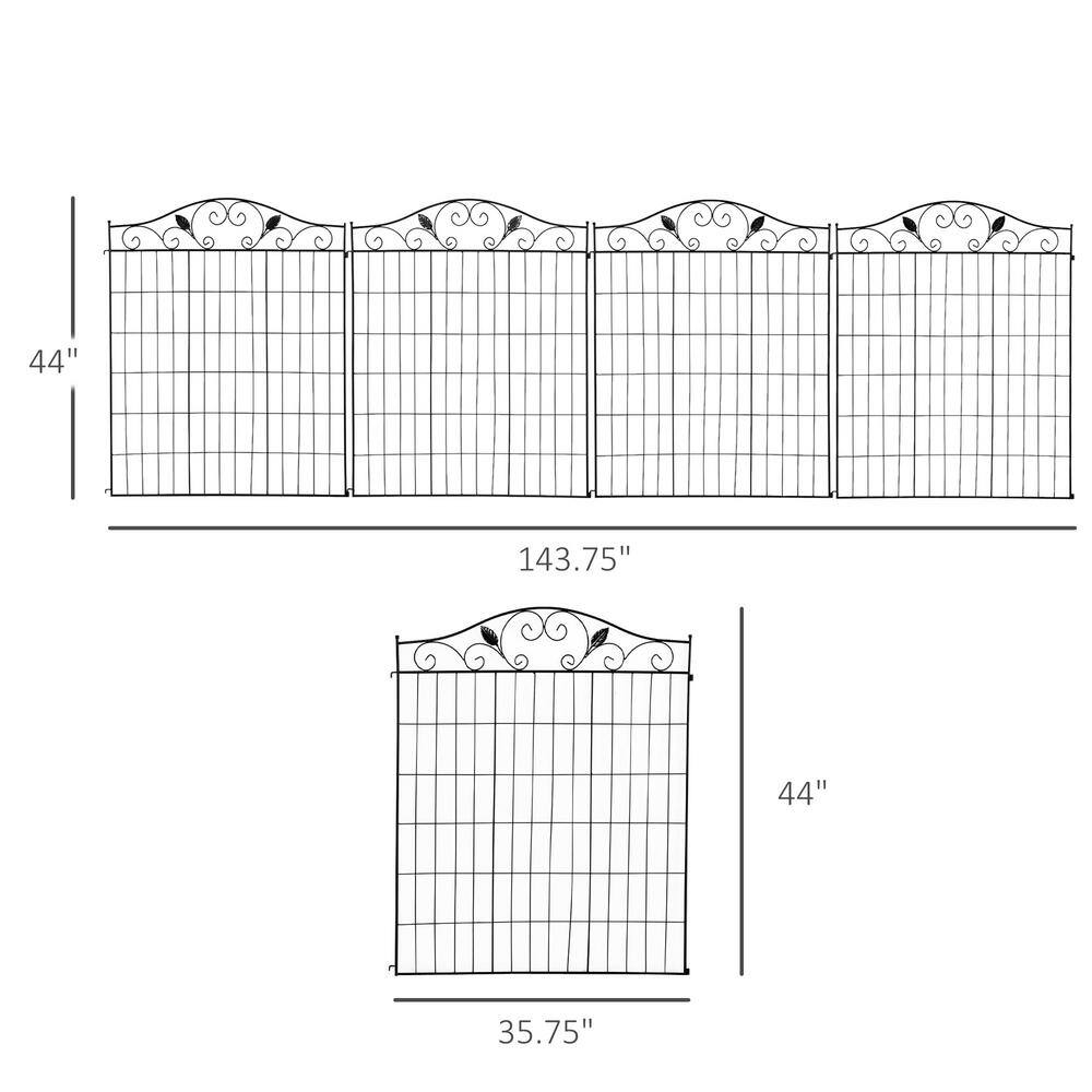 Elegant Black Metal Garden Fence Panels, 4 Pack, 44 x 36-Inch