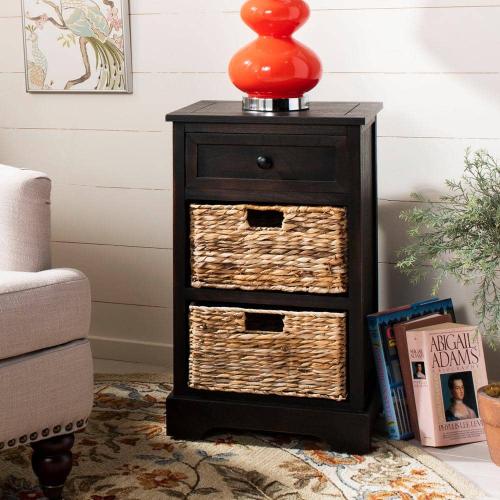 Transitional Brown Pine 3-Drawer Side Table with Woven Baskets