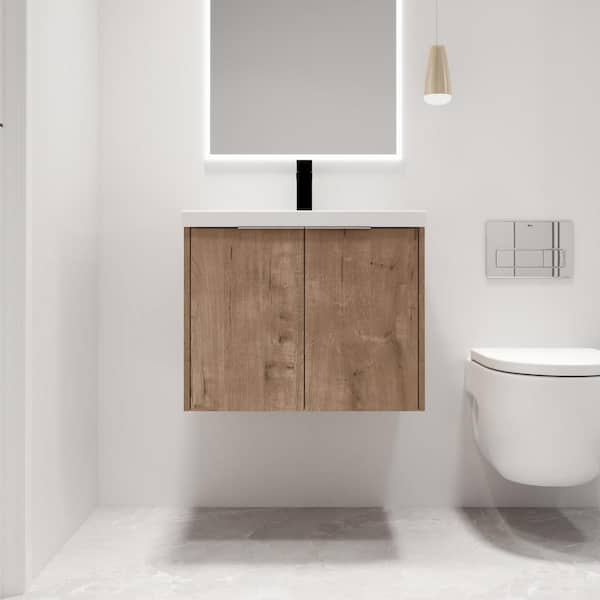 ARTCHIRLY 23.6 in. W x 18.1 in. D x 19.3 in. H Wall-Mounted Bath Vanity in Light Brown with White Resin Vanity Top