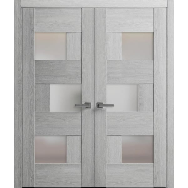 VDOMDOORS 48 in. x 84 in. 2 Panel Light Grey Oak Finished Solid MDF Sliding Door with Hardware
