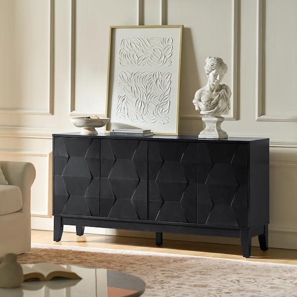JAYDEN CREATION Kamis Black Wood 60 in. Sideboard with Hexagonal Embellishments and Solid Wood Legs