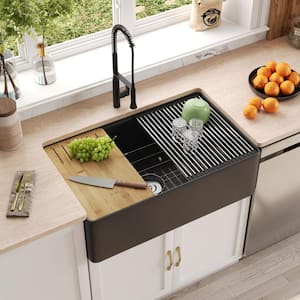 Black Fireclay 33 in. Single Bowl Farmhouse/Apron-Front Workstation Kitchen Sink with Accessories