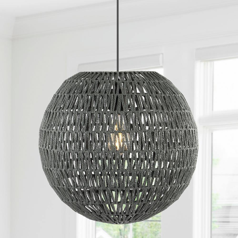 Luna 15.75" Gray Woven Rattan LED Pendant Light