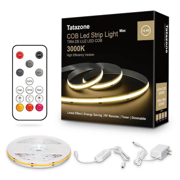 16.4 ft. ‎AC/DC 3000K Dimmable Warm White COB Hardwired Integrated Led Strip Lights with RF Remote, Adhesive Tape Light