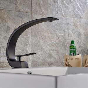 Modern 1-Handle Single-Hole Faucet Bathroom Sink Faucet, Brass Mount Curved Lavatory Faucet in Matte Black