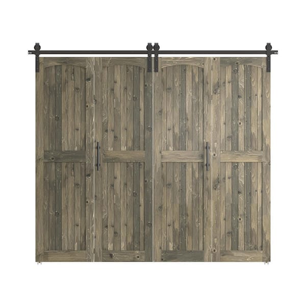 SANDING Assembled Arch Top 64 in. x 84 in. Solid Core Pine Wood Aged Barrel Double Bi-Fold Door With Hardware Kit