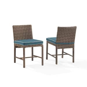 Bradenton Weathered Brown Wicker Outdoor Dining Chair with Navy Cushions (2-Pack)