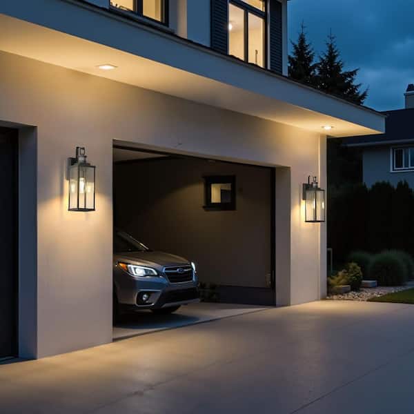 18 in. Black Motion Sensor Outdoor Wall Sconce, Vintage-Style Waterproof Lanterns with Clear Glass, 2-Pack