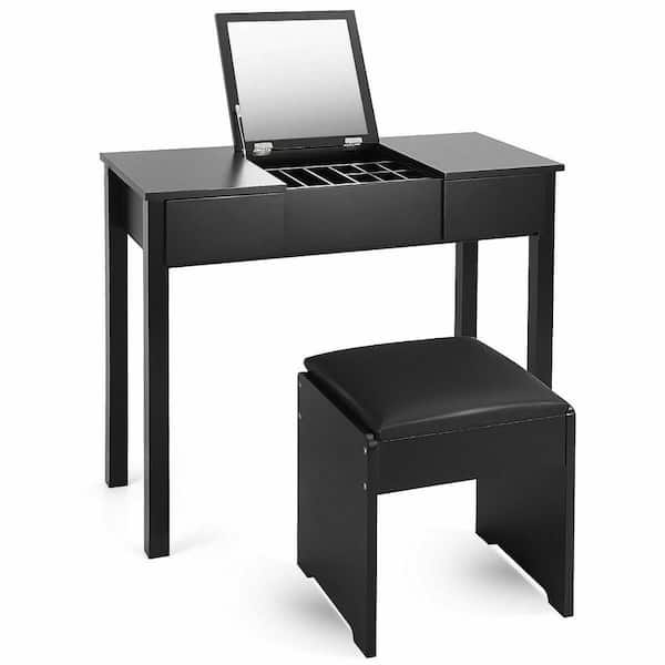 Costway 2 Piece Black Vanity Dressing Table Set Mirrored Bedroom Furniture With Stool And Storage Box Hw53894bk The Home Depot