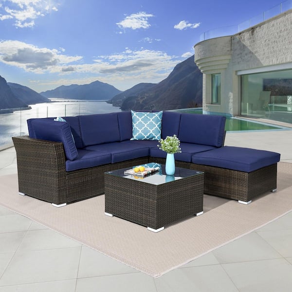 JOYESERY 4-Pieces PE Rattan Wicker Outdoor Conversation Sectional Sofa Sets With Tempered Glass Table with Navy Blue Cushions