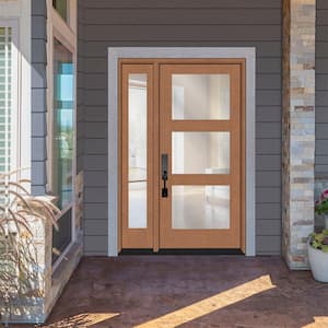 Regency 51 in. x 80 in. Modern 3-Lite Equal Clear Glass RHOS Autumn Mahogany Fiberglass Prehung Front Door 12 in. SL