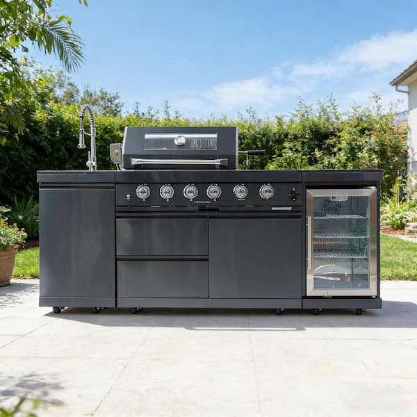 46 in. 4-Burner Propane Gas Grill Island Outdoor Kitchen with Refrigerator, Sink, Rotisserie in Stainless Steel, Black