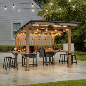 Wooden Grill 10 x 11 Outdoor Cedar Frame BBQ Backyard Hot Tub Gazebo with Aluminum Hardtop and Privacy Screen