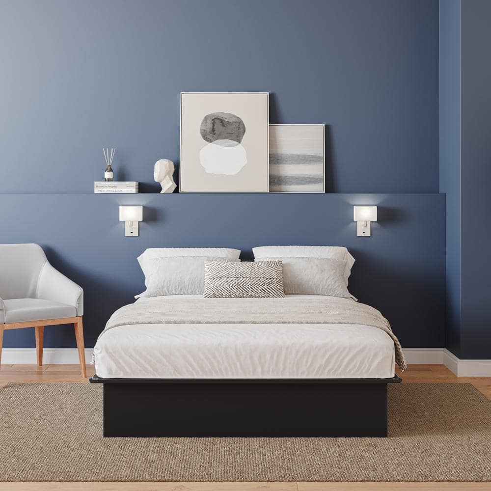 Black Full Platform Bed with Wood Frame