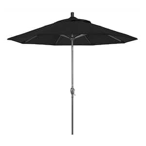 9 ft. Hammertone Grey Aluminum Market Patio Umbrella with Push Button Tilt Crank Lift in Black Sunbrella